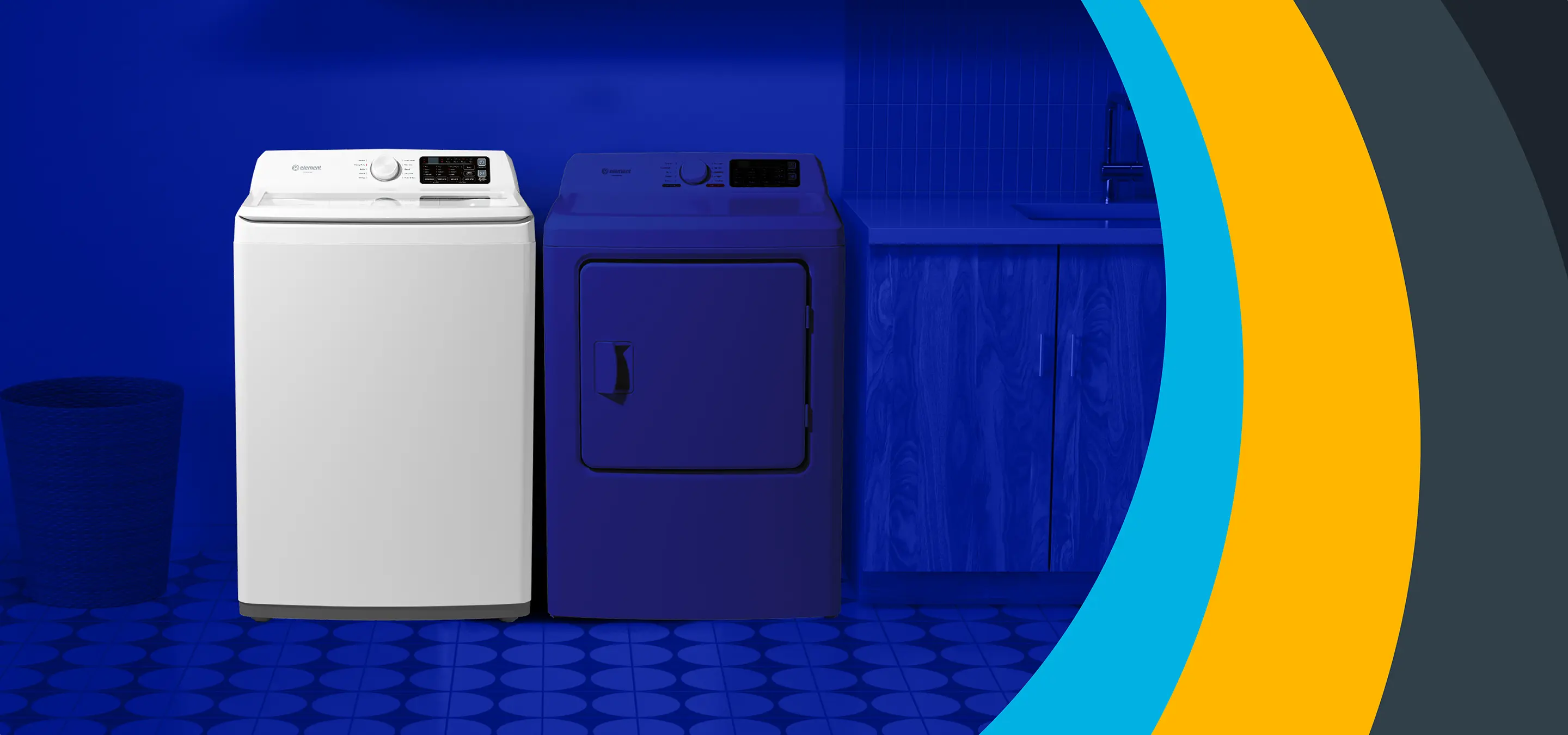 Element washer and dryer in blue laundry room environment