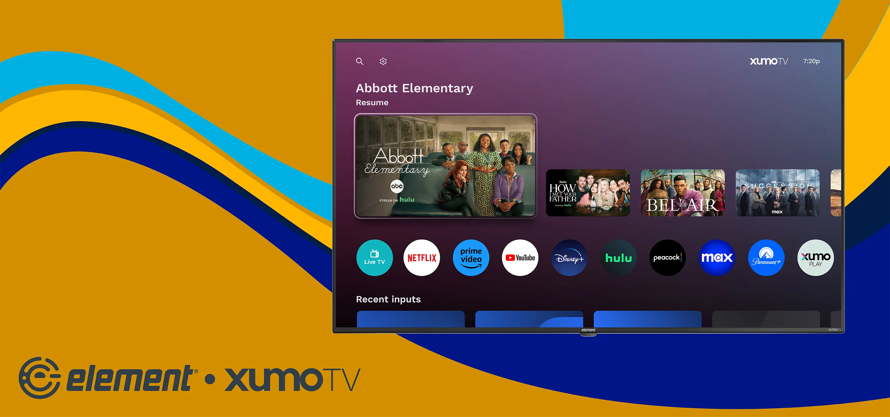 Xumo TV with a yellow background.