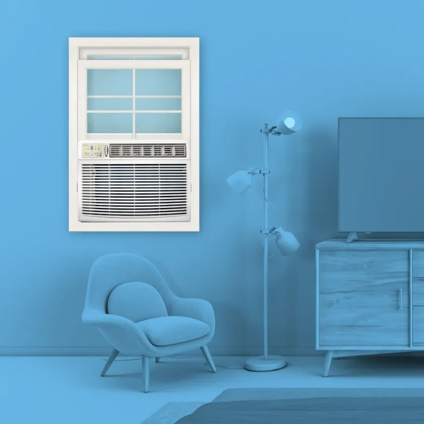 18,000 Air Conditioner in monochrome blue living room environment