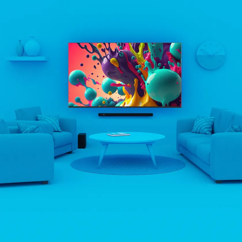 Element 86” TV in monochrome blue living room environment